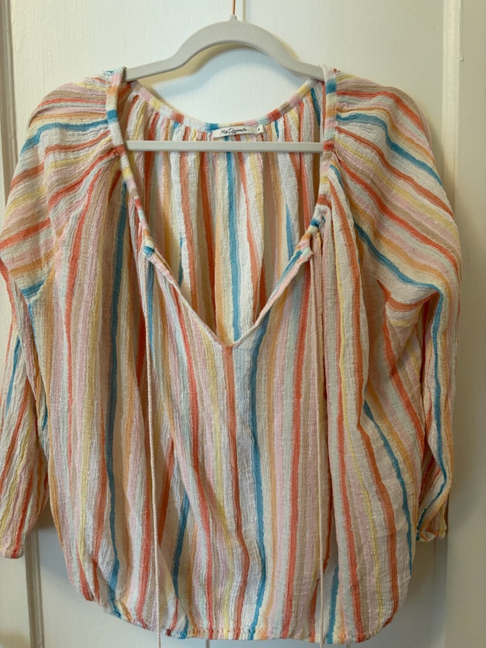 Mes Demoiselles Cream Multicolor Striped V-Neck Peasant Blouse